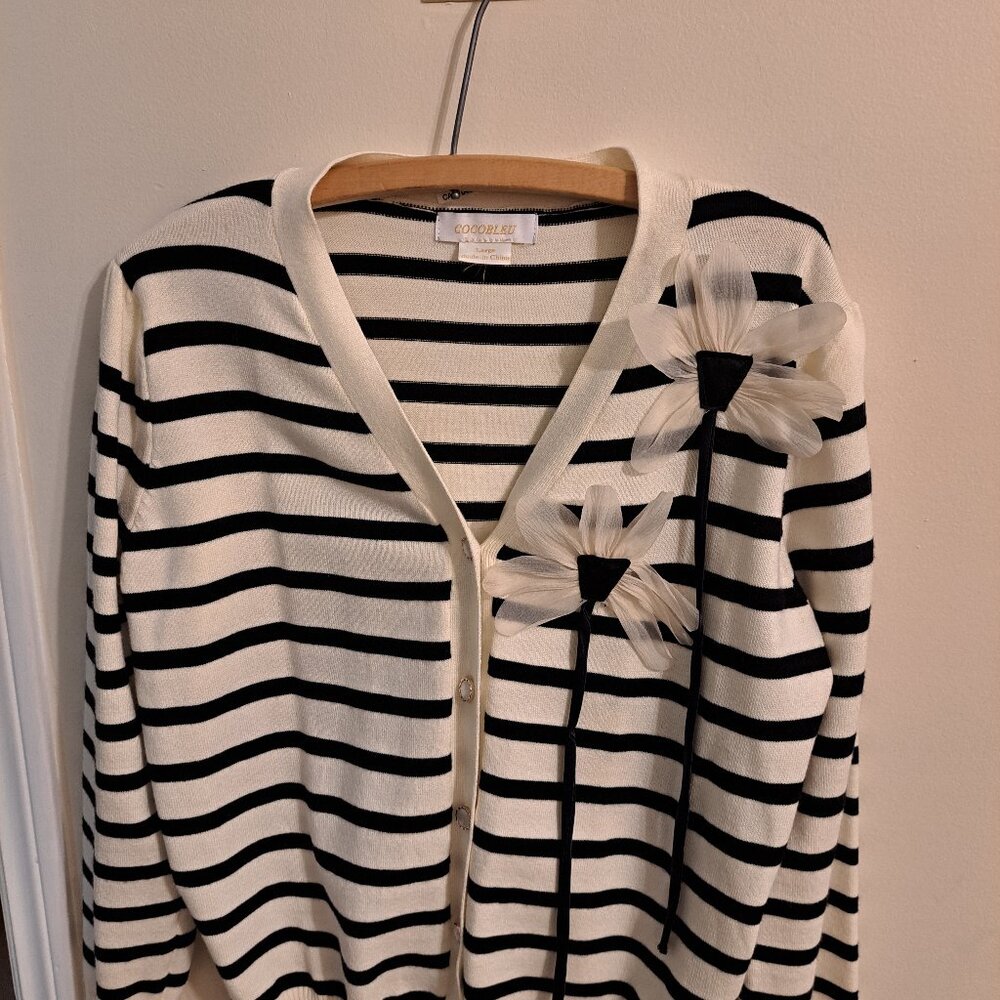 Black and Cream Striped V-Neck Cardigan with Flowers